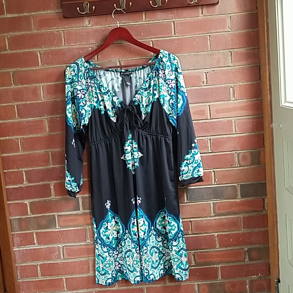 INC International Concepts Black Midi Dress with Teal & White Paisley Print